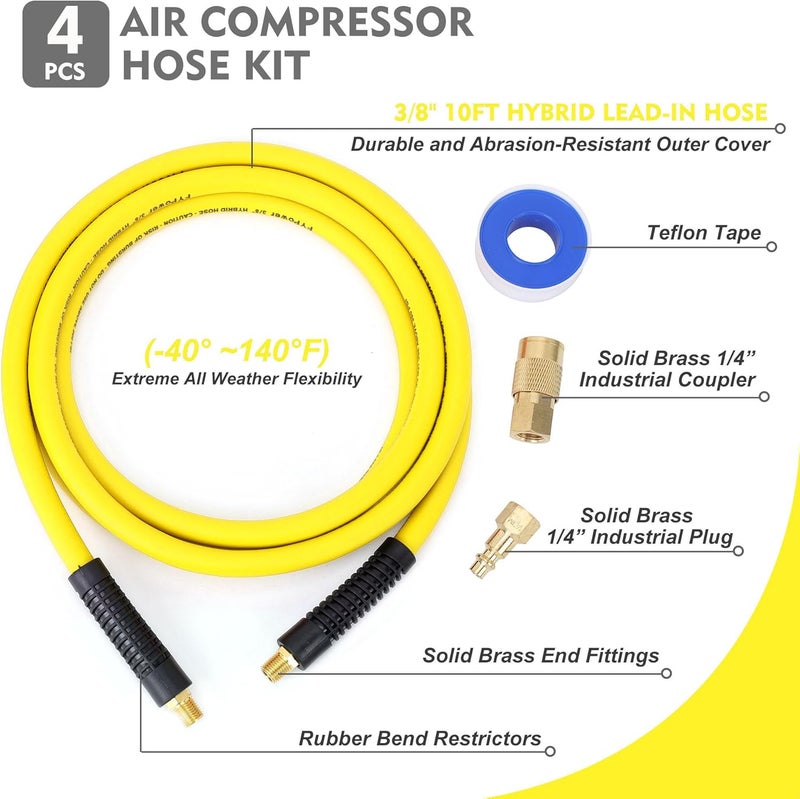 FYPower Air Compressor Whip Hose 3/8 Inch x 10 Feet Lead in Hybrid Hose with Fittings, Flexible and Kink Resistant, 1/4" Industrial Quick Coupler and Plug Kit - Yellow - Image 2